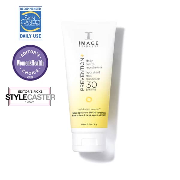 IMAGE PREVENTION+® daily matte moisturizer SPF 30 front view with awards stickers from Women's Health. Skin Cancer Foundation and Stylecaster